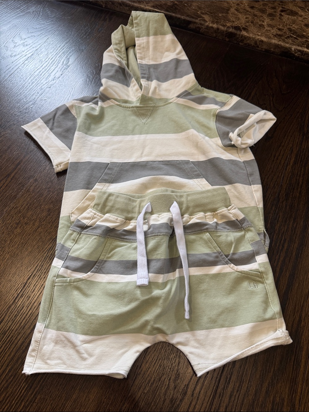 Kids little bipsy Striped Hooded Short Set in Sage and Gray